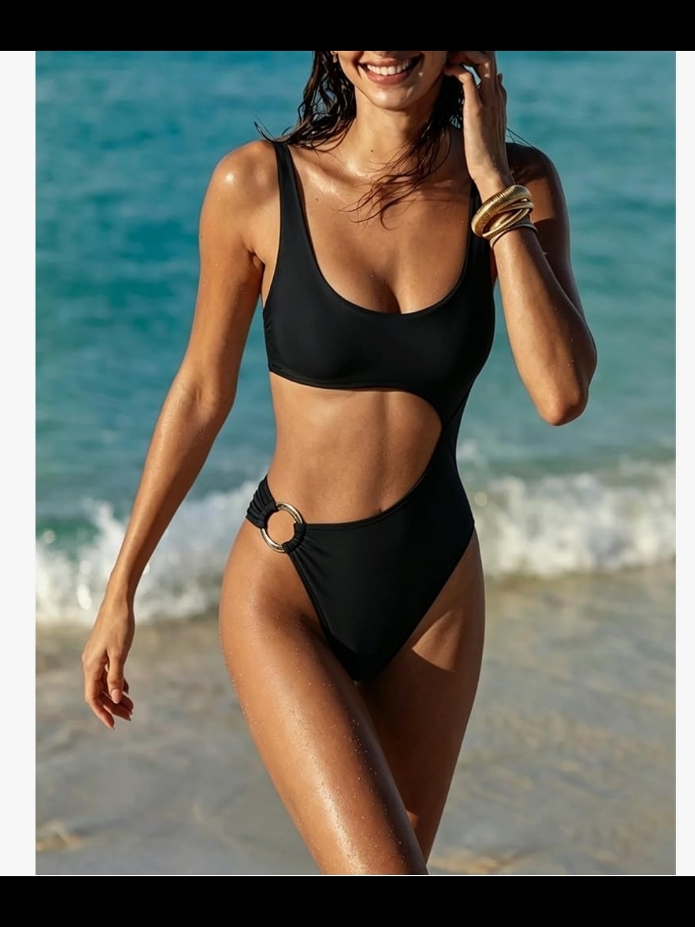 NWT Black Cutout One-Piece Monokini Swimsuit with Ring Detail SIZE S Great Fit!